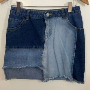 Hayden Denim Patchwork Assymetrical Mini Skirt with Raw Hem, Cotton, Size Small